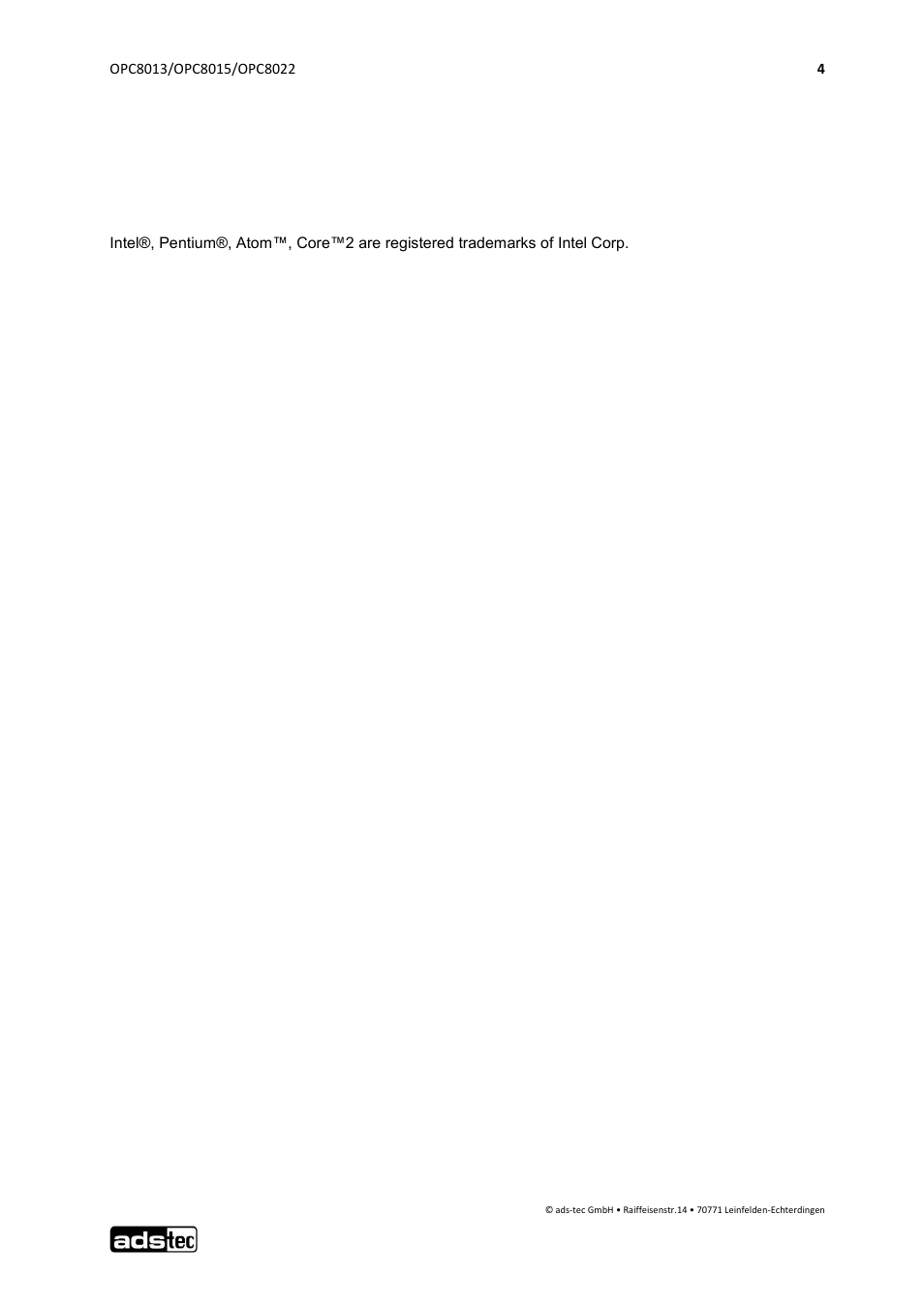 Trademarks, Copyright, 4 trademarks | 5 copyright | ADS-TEC OPC8013/8015/8022 User Manual | Page 5 / 52