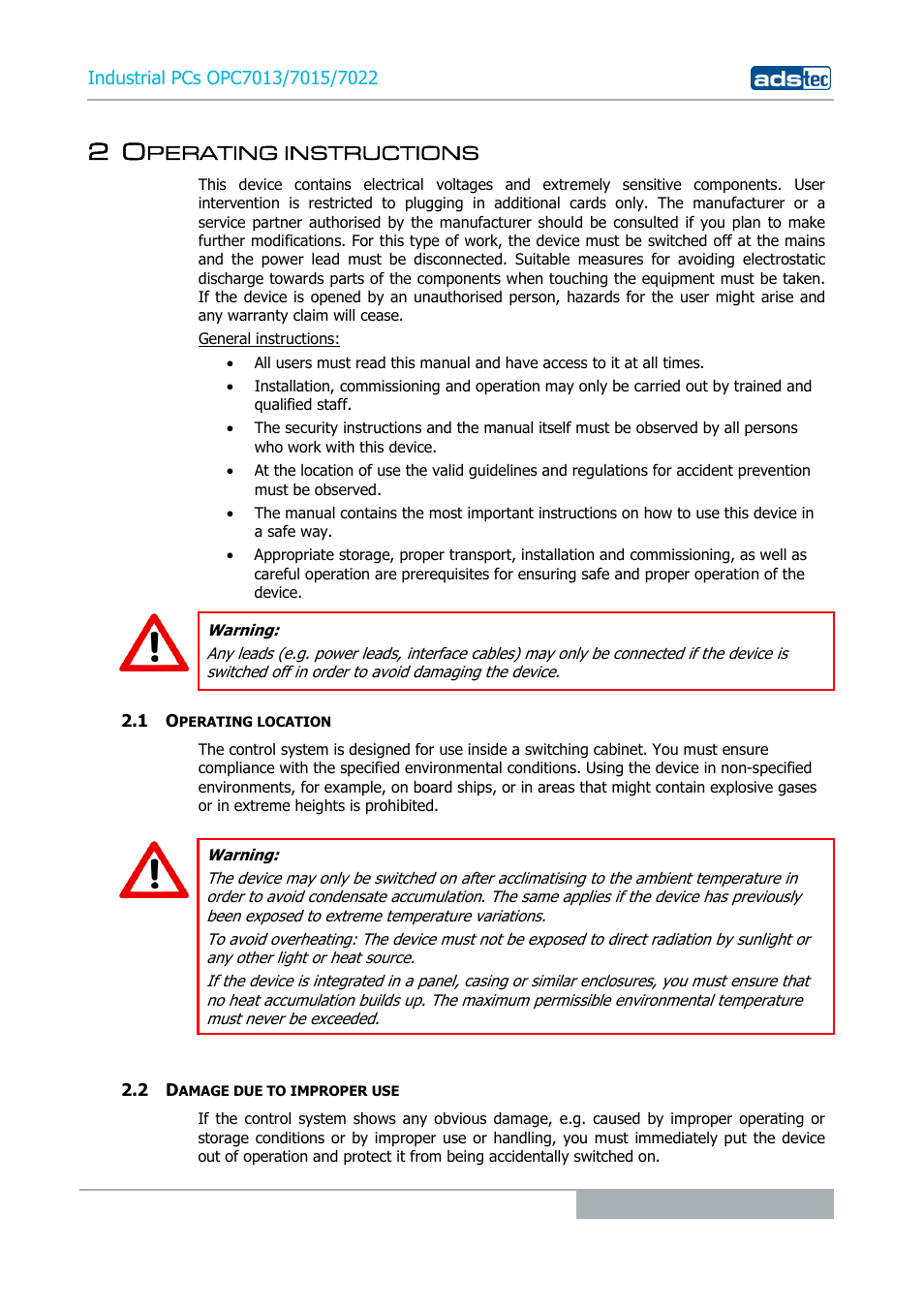 2 operating instructions, 1 operating location, 2 damage due to improper use | Perating instructions | ADS-TEC OPC7013/7015/7022 User Manual | Page 11 / 48