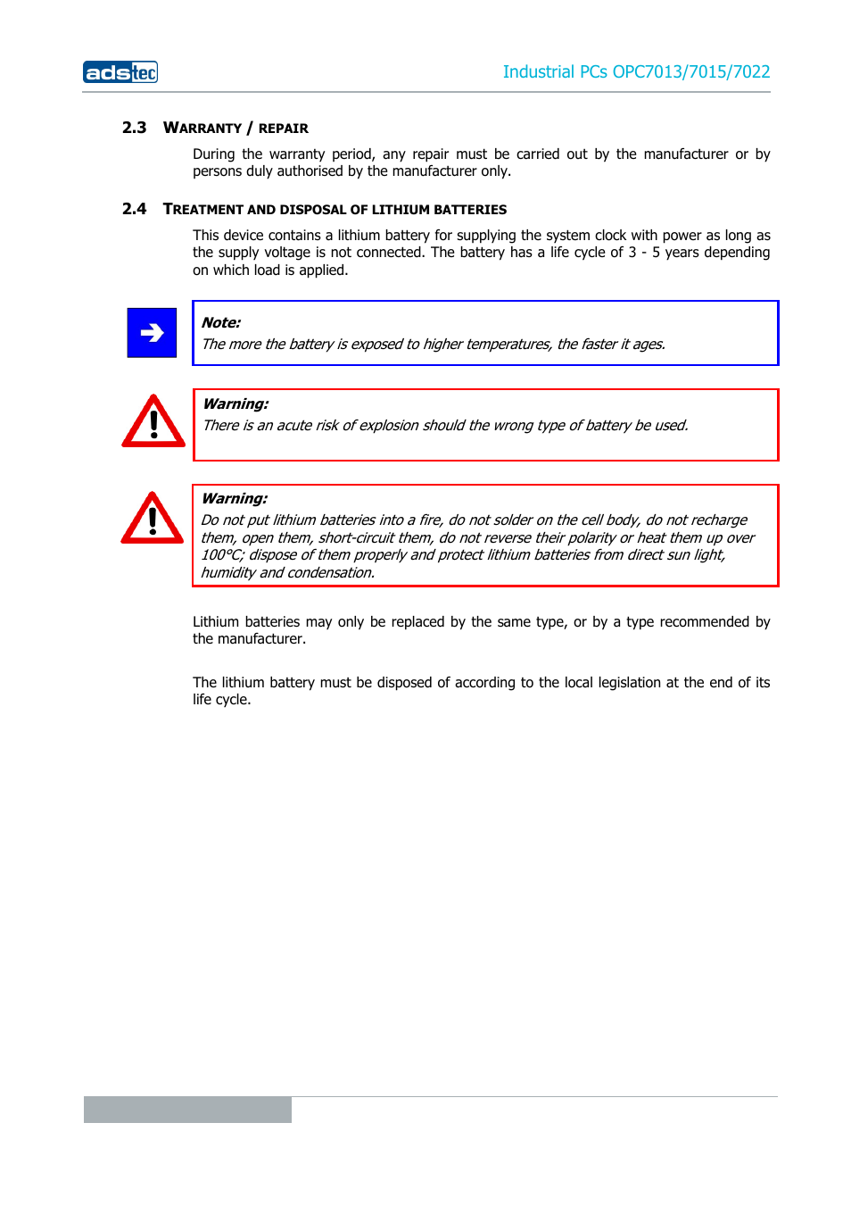 3 warranty / repair, 4 treatment and disposal of lithium batteries | ADS-TEC OPC7013/7015/7022 User Manual | Page 12 / 48