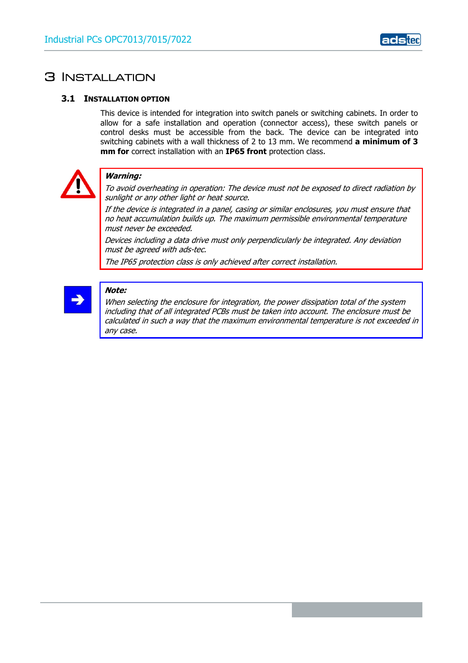 3 installation, 1 installation option, Nstallation | ADS-TEC OPC7013/7015/7022 User Manual | Page 13 / 48