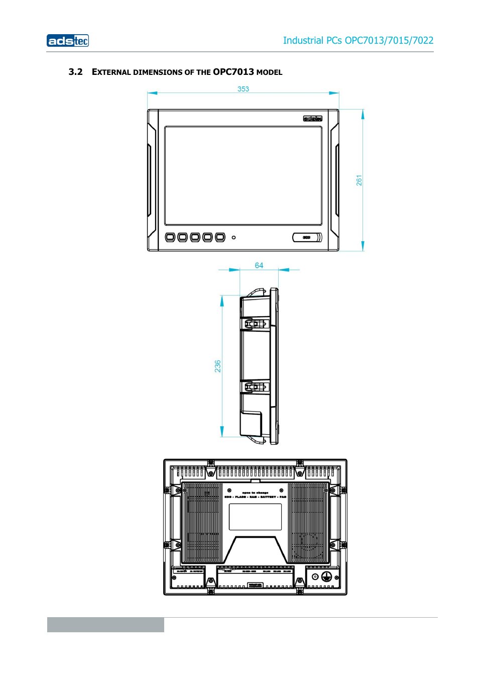 2 external dimensions of the opc7013 model | ADS-TEC OPC7013/7015/7022 User Manual | Page 14 / 48