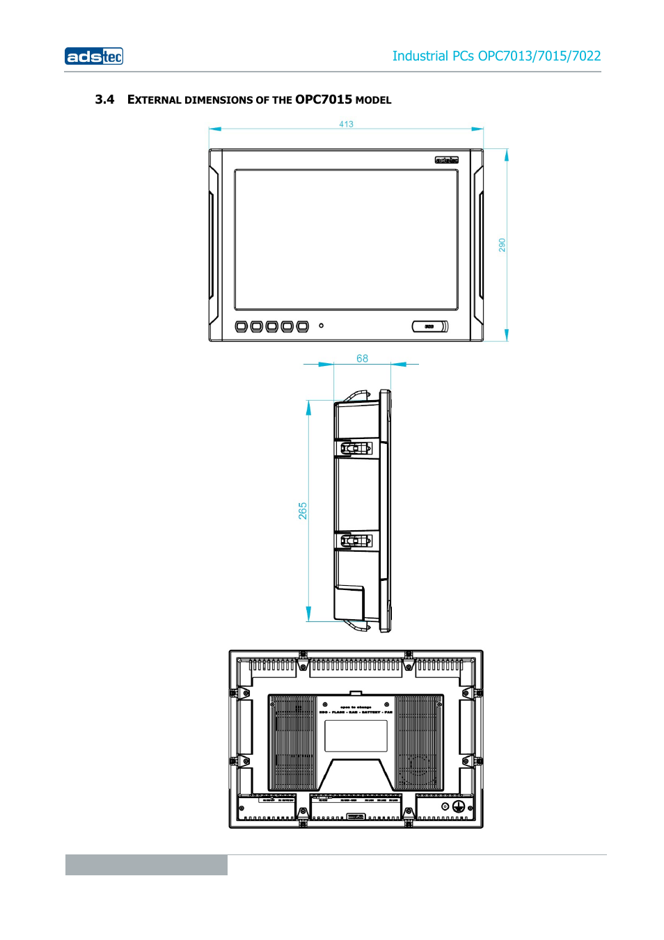 4 external dimensions of the opc7015 model | ADS-TEC OPC7013/7015/7022 User Manual | Page 16 / 48