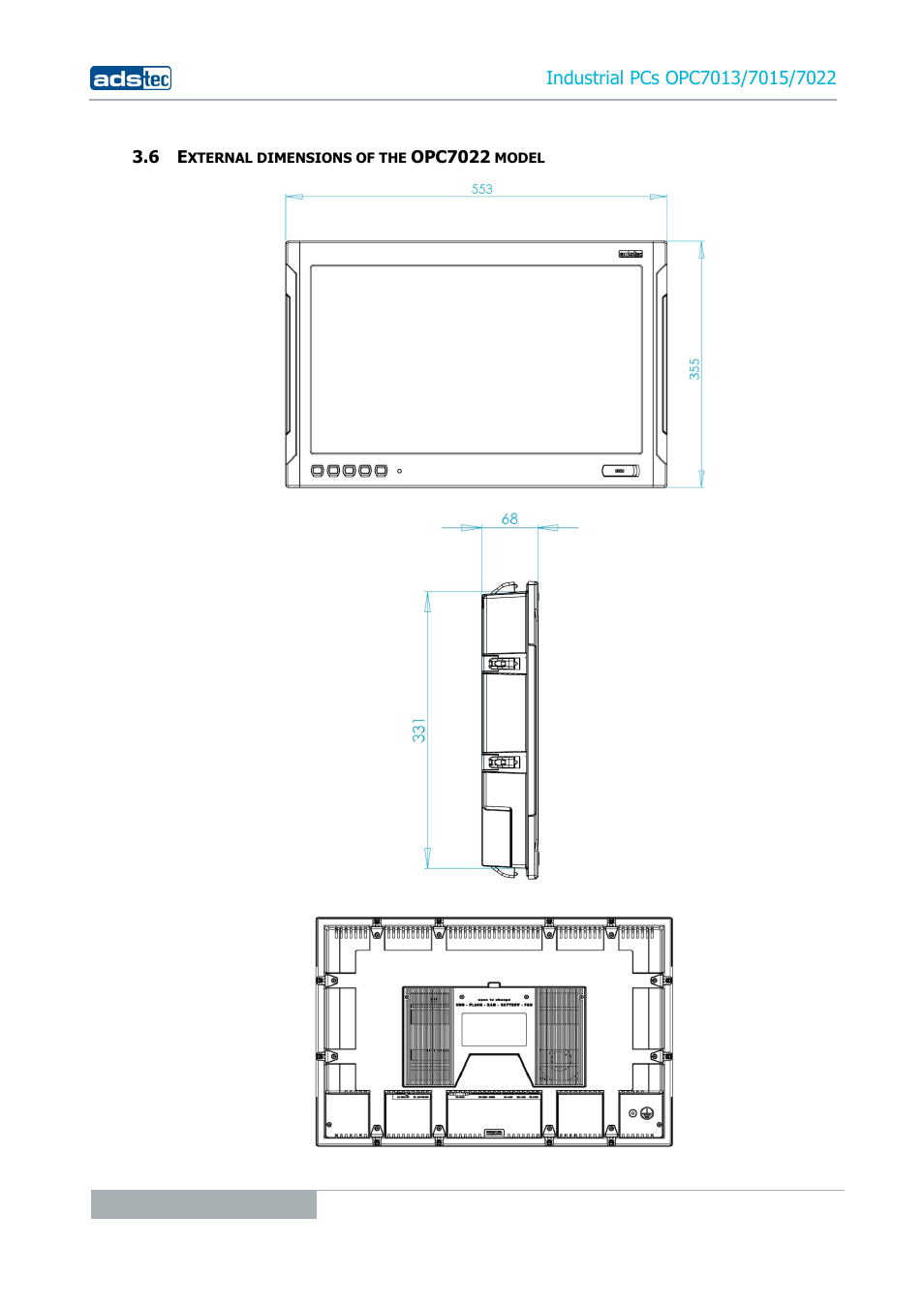 6 external dimensions of the opc7022 model | ADS-TEC OPC7013/7015/7022 User Manual | Page 18 / 48