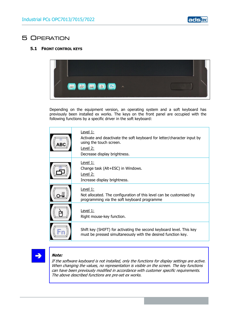 5 operation, 1 front control keys, Peration | ADS-TEC OPC7013/7015/7022 User Manual | Page 25 / 48