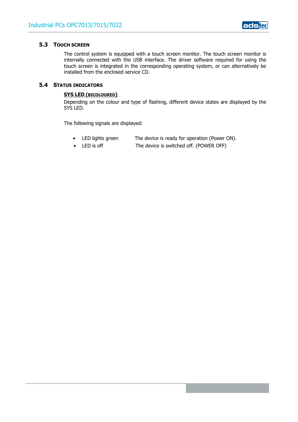 3 touch screen, 4 status indicators | ADS-TEC OPC7013/7015/7022 User Manual | Page 27 / 48