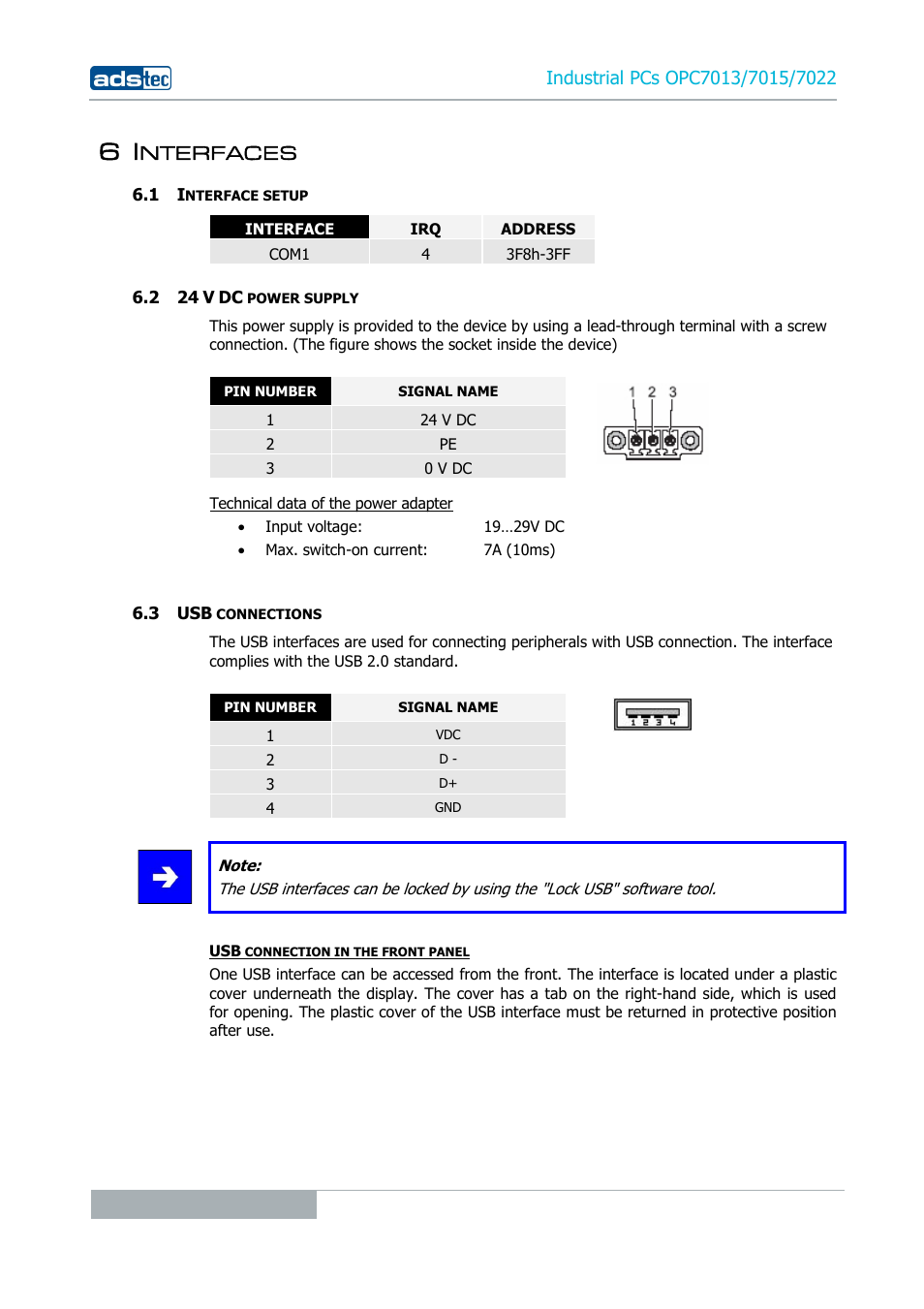 6 interfaces, 1 interface setup, 2 24 v dc power supply | 3 usb connections, Nterfaces | ADS-TEC OPC7013/7015/7022 User Manual | Page 28 / 48