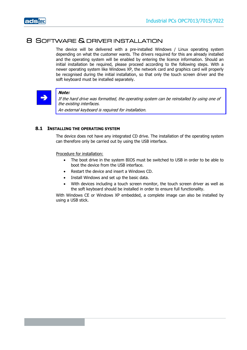 8 software & driver installation, 1 installing the operating system, Oftware | Driver installation | ADS-TEC OPC7013/7015/7022 User Manual | Page 32 / 48