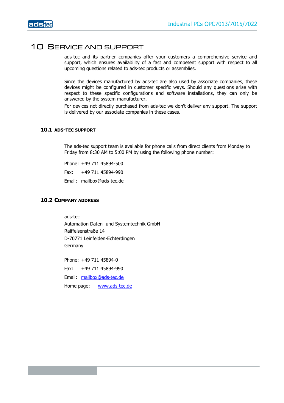 10 service and support, 1 ads-tec support, 2 company address | 10 s, Ervice and support | ADS-TEC OPC7013/7015/7022 User Manual | Page 36 / 48