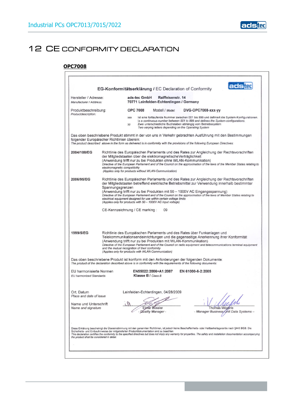 12 ce conformity declaration, 12 ce | ADS-TEC OPC7013/7015/7022 User Manual | Page 45 / 48