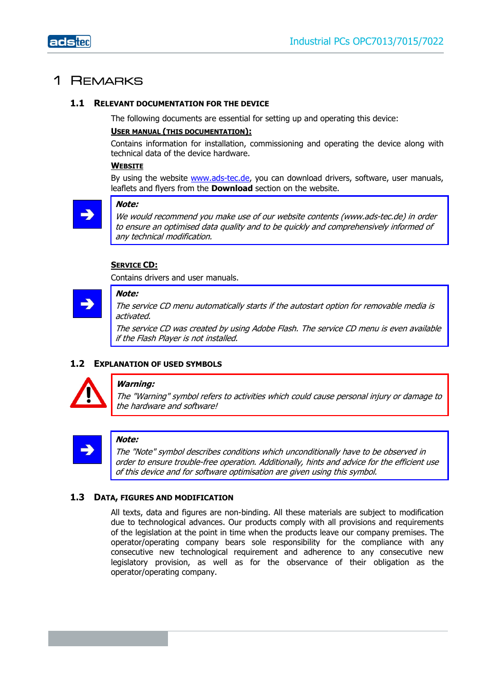 1 remarks, 1 relevant documentation for the device, 2 explanation of used symbols | 3 data, figures and modification, Emarks | ADS-TEC OPC7013/7015/7022 User Manual | Page 6 / 48