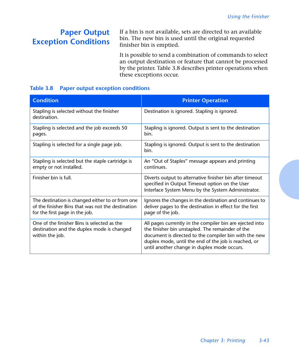 Paper output exception conditions, Paper output exception conditions -43 | Xerox N3225 User Manual | Page 101 / 169