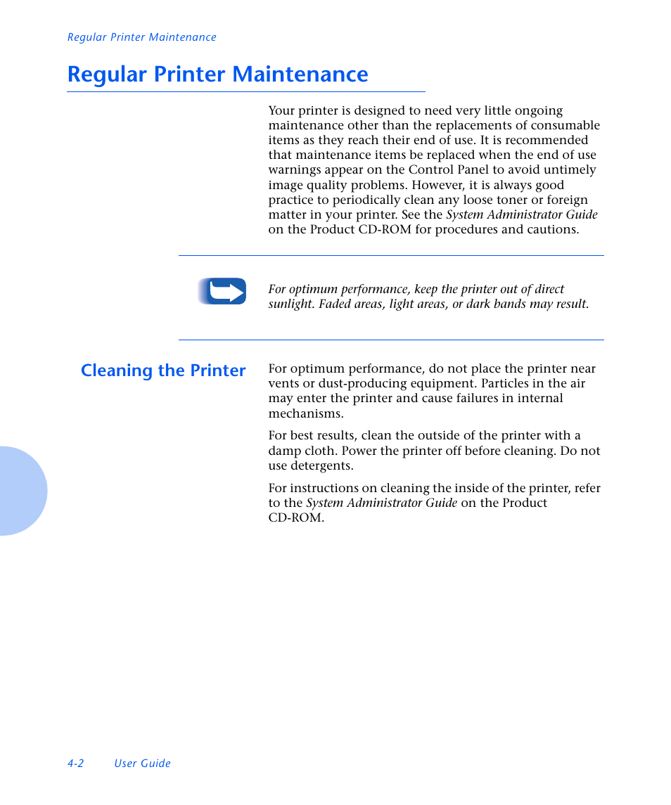 Regular printer maintenance, Cleaning the printer, Regular printer maintenance -2 | Cleaning the printer -2 | Xerox N3225 User Manual | Page 104 / 169