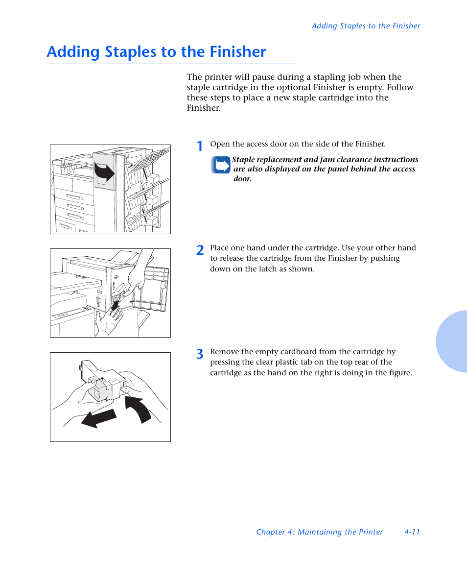 Adding staples to the finisher, Adding staples to the finisher -11 | Xerox N3225 User Manual | Page 113 / 169