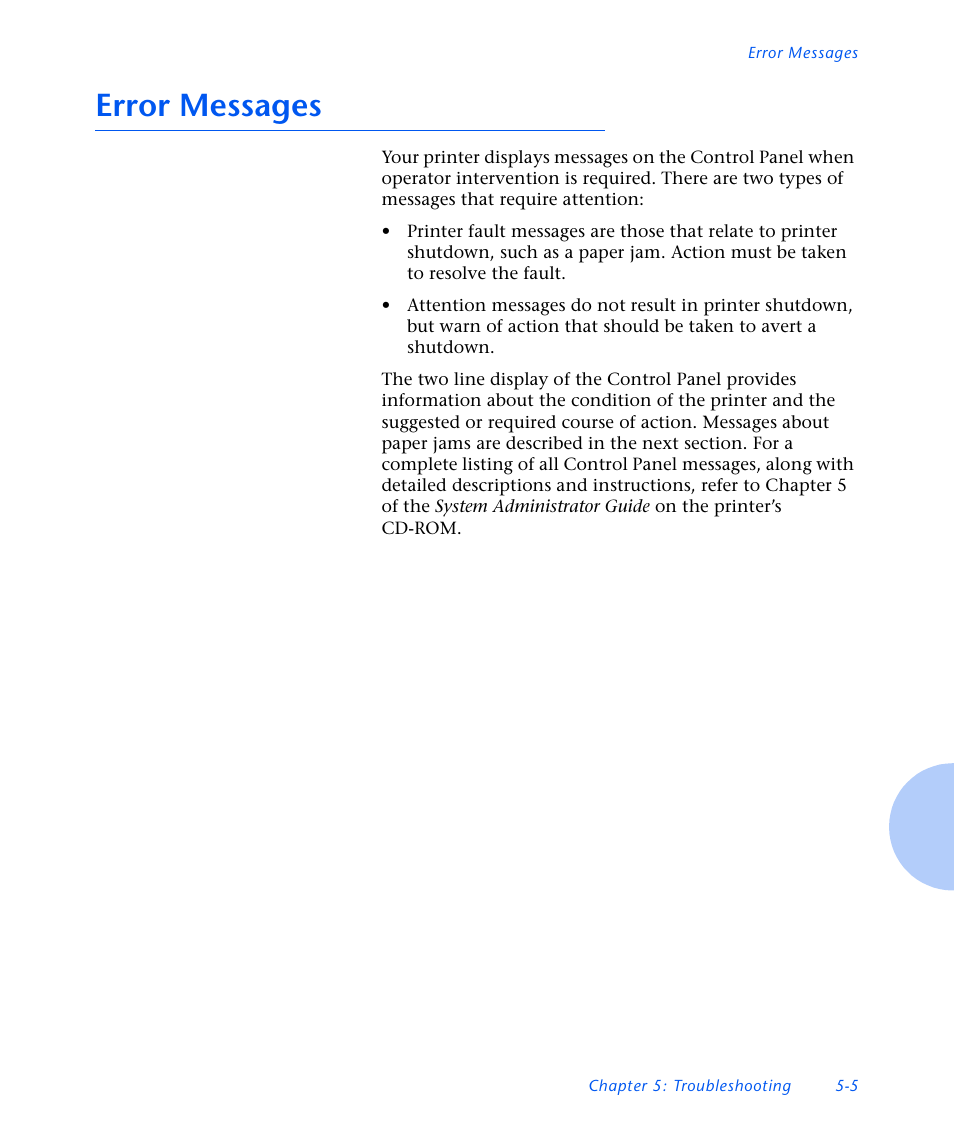 Error messages, Error messages -5 | Xerox N3225 User Manual | Page 119 / 169