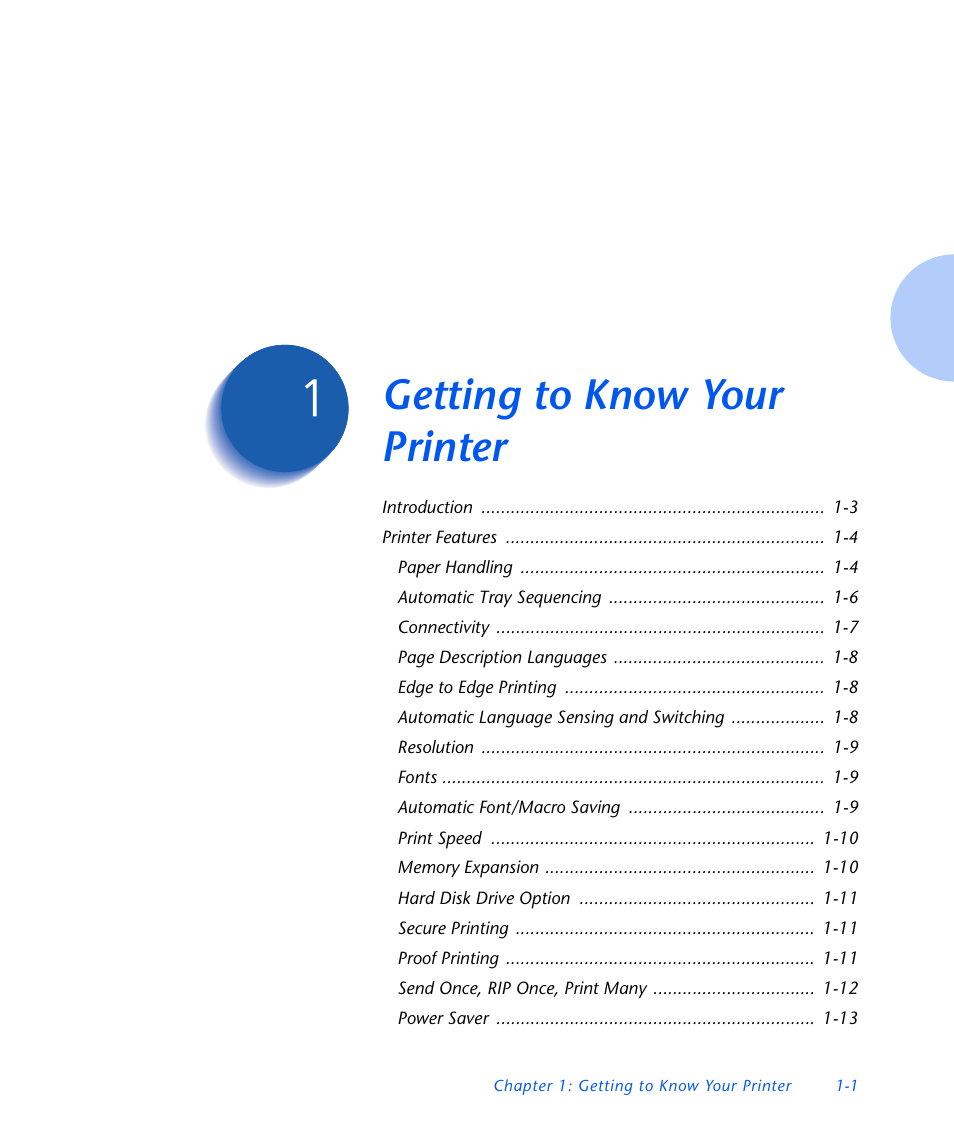 Getting to know your printer, Chapter 1, Getting to know your printer -1 | Xerox N3225 User Manual | Page 13 / 169