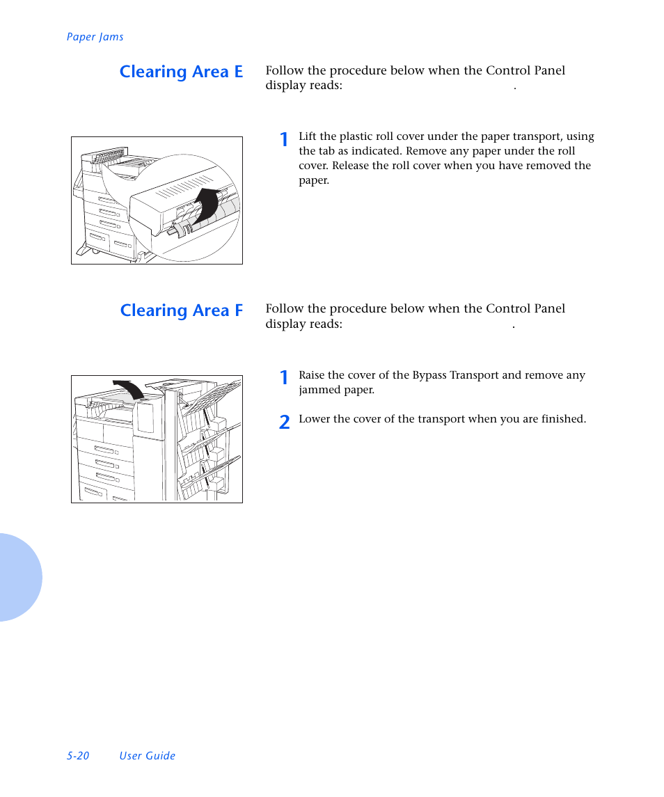 Clearing area e, Clearing area f, Clearing area e -20 | Clearing area f -20 | Xerox N3225 User Manual | Page 134 / 169