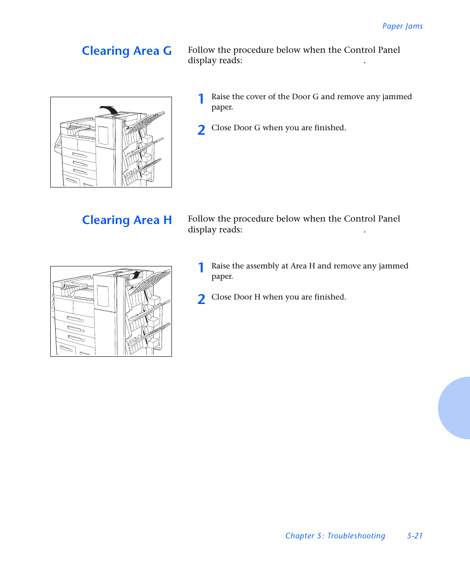 Clearing area g, Clearing area h, Clearing area g -21 | Clearing area h -21 | Xerox N3225 User Manual | Page 135 / 169