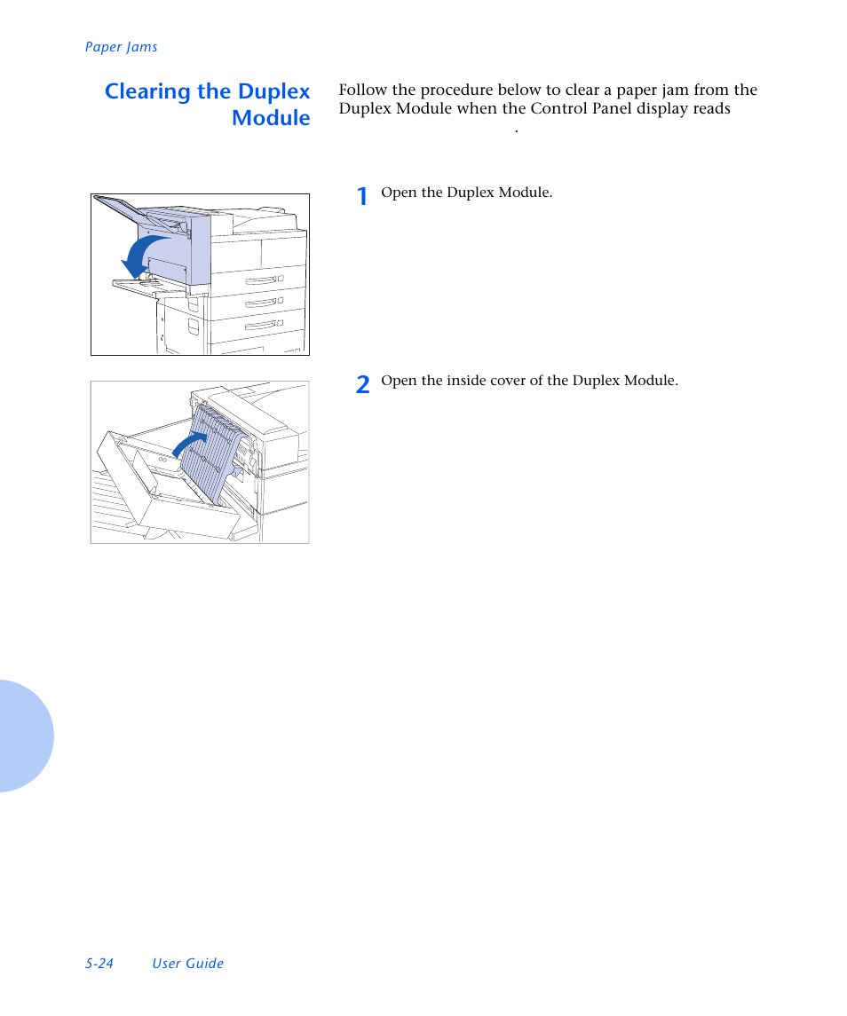 Clearing the duplex module, Clearing the duplex module -24 | Xerox N3225 User Manual | Page 138 / 169