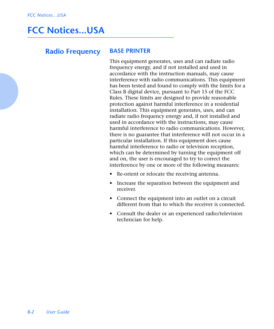 Fcc notices...usa, Radio frequency, Base printer | Xerox N3225 User Manual | Page 158 / 169