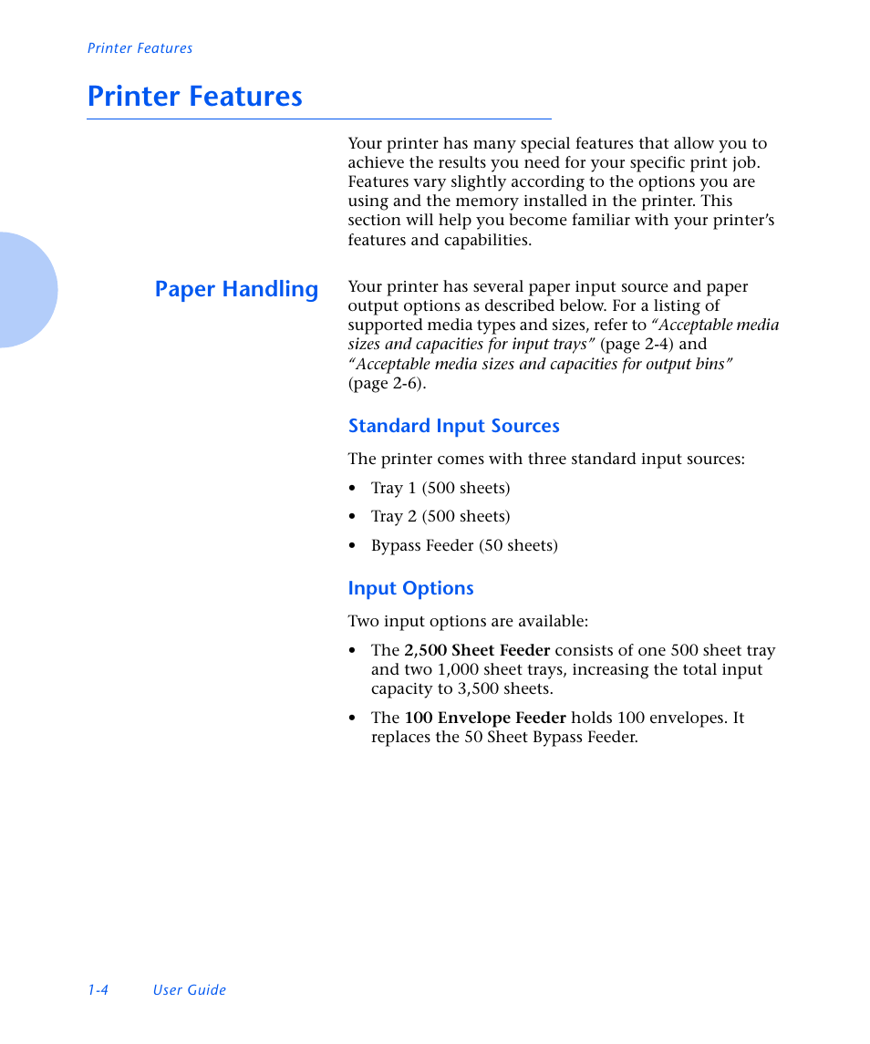 Printer features, Paper handling, Standard input sources | Input options, Printer features -4, Paper handling -4 | Xerox N3225 User Manual | Page 16 / 169