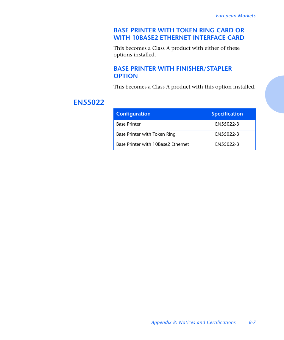 Base printer with finisher/stapler option, En55022 | Xerox N3225 User Manual | Page 163 / 169