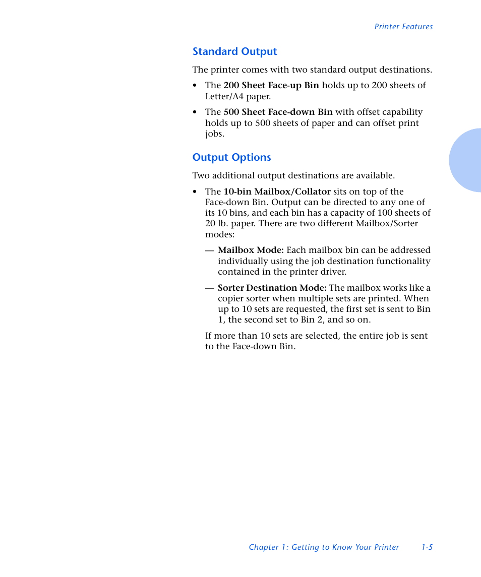 Standard output, Output options | Xerox N3225 User Manual | Page 17 / 169