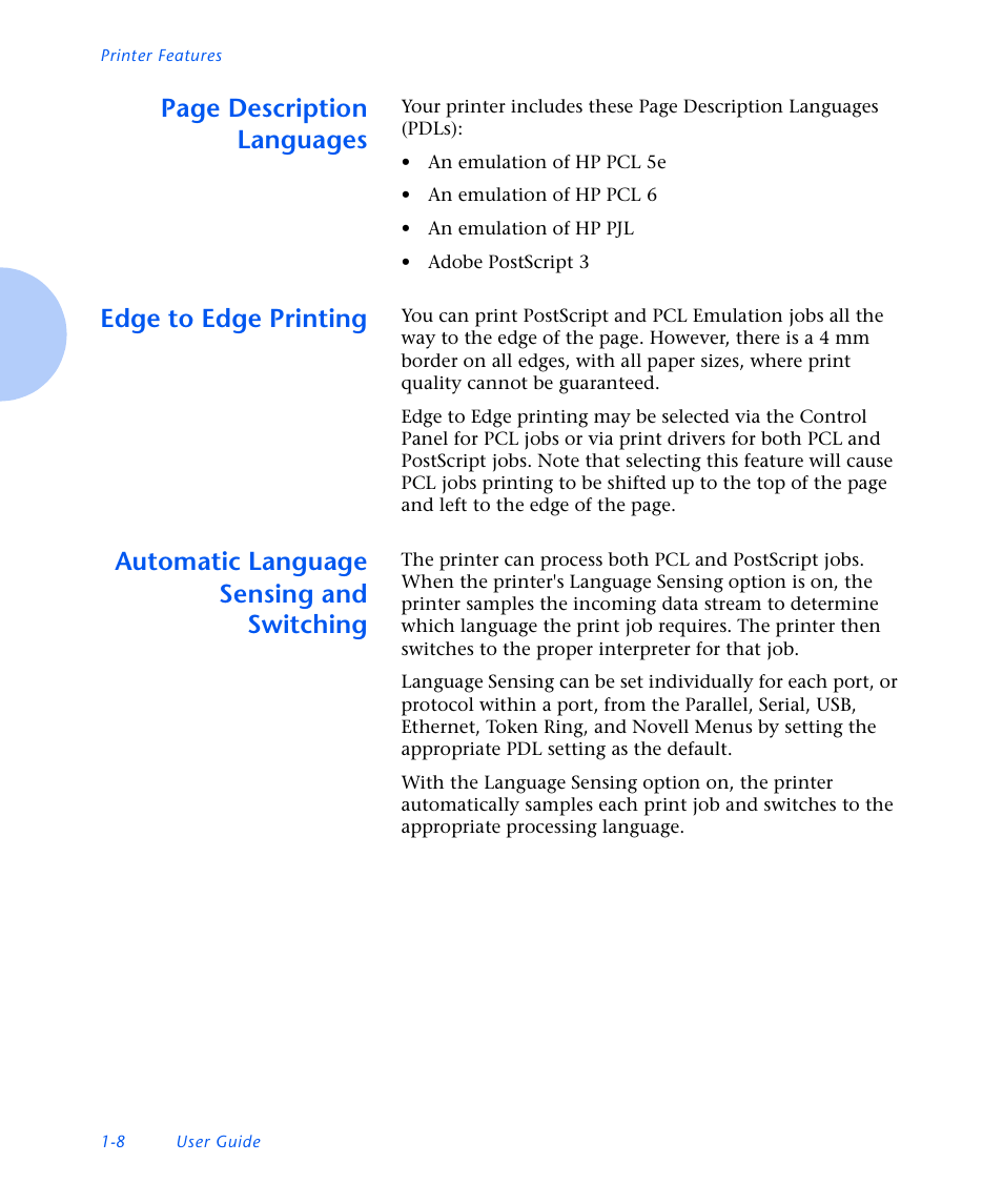 Edge to edge printing, Automatic language sensing and switching, Edge to edge printing -8 | Automatic language sensing and switching -8, Page description languages | Xerox N3225 User Manual | Page 20 / 169