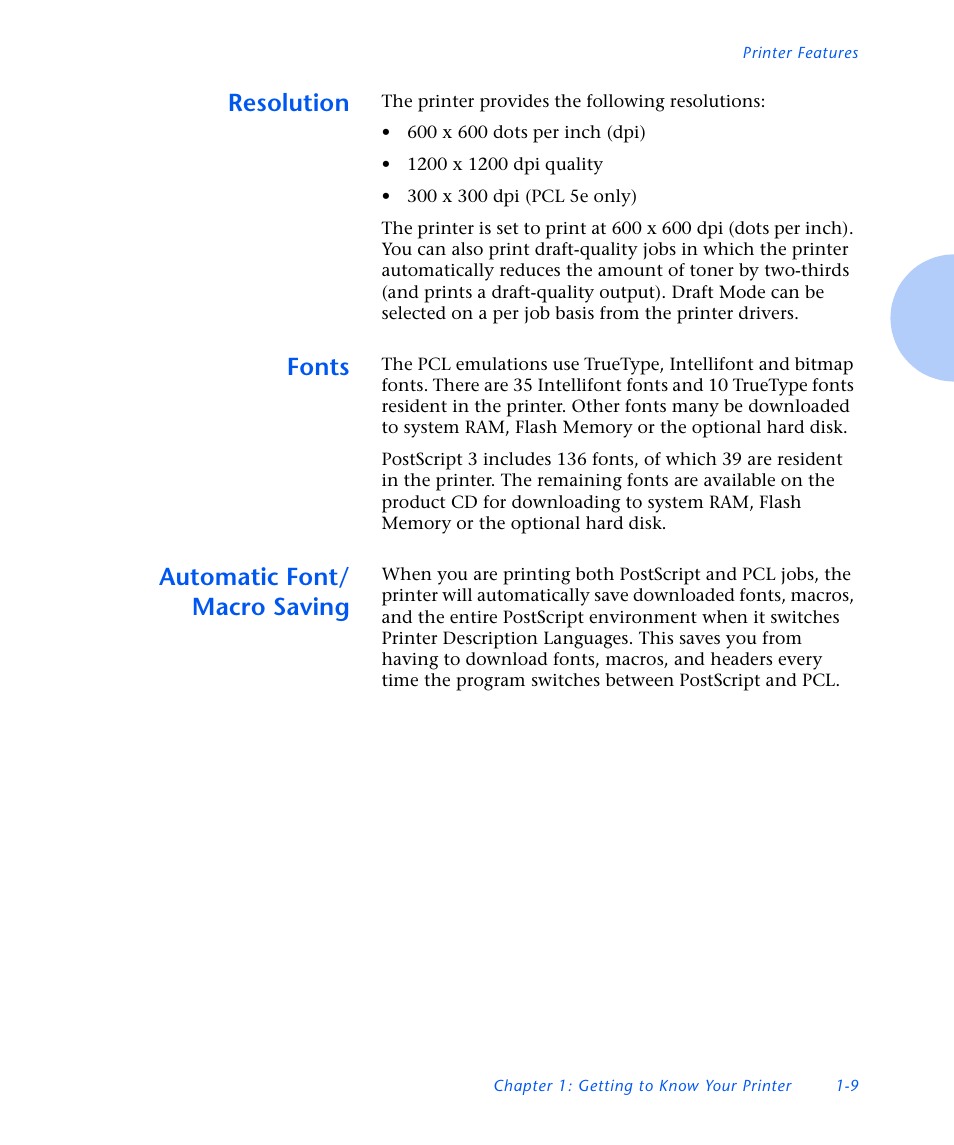 Resolution, Fonts, Automatic font/ macro saving | Resolution -9, Fonts -9, Automatic font/macro saving -9 | Xerox N3225 User Manual | Page 21 / 169