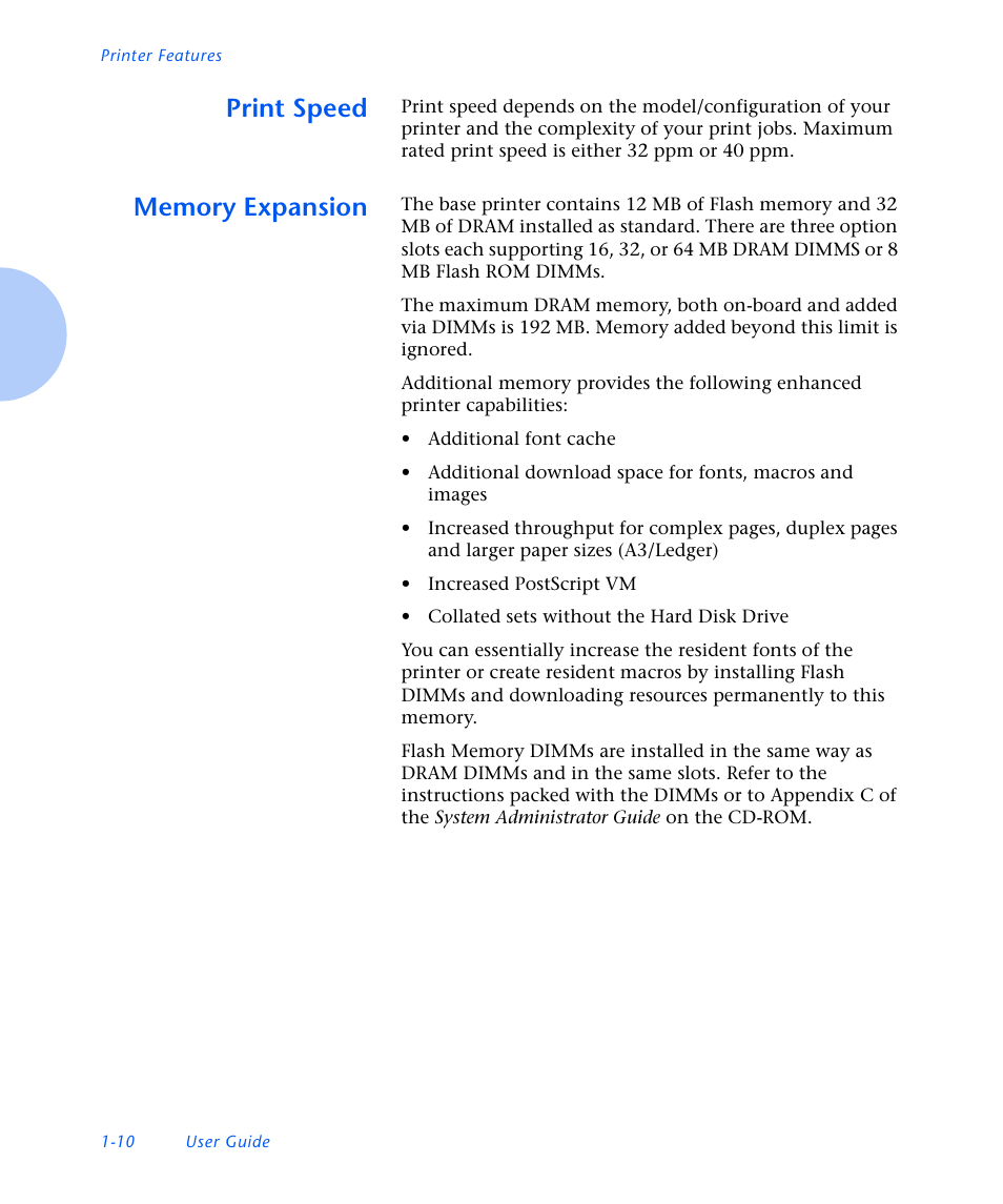 Print speed, Memory expansion, Print speed -10 | Memory expansion -10 | Xerox N3225 User Manual | Page 22 / 169