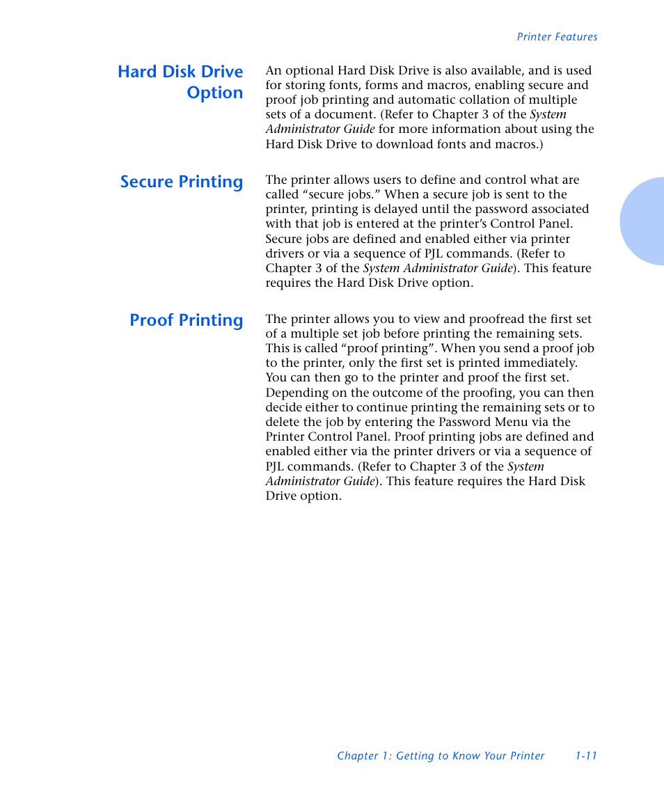 Hard disk drive option, Secure printing, Proof printing | Hard disk drive option -11, Secure printing -11, Proof printing -11 | Xerox N3225 User Manual | Page 23 / 169