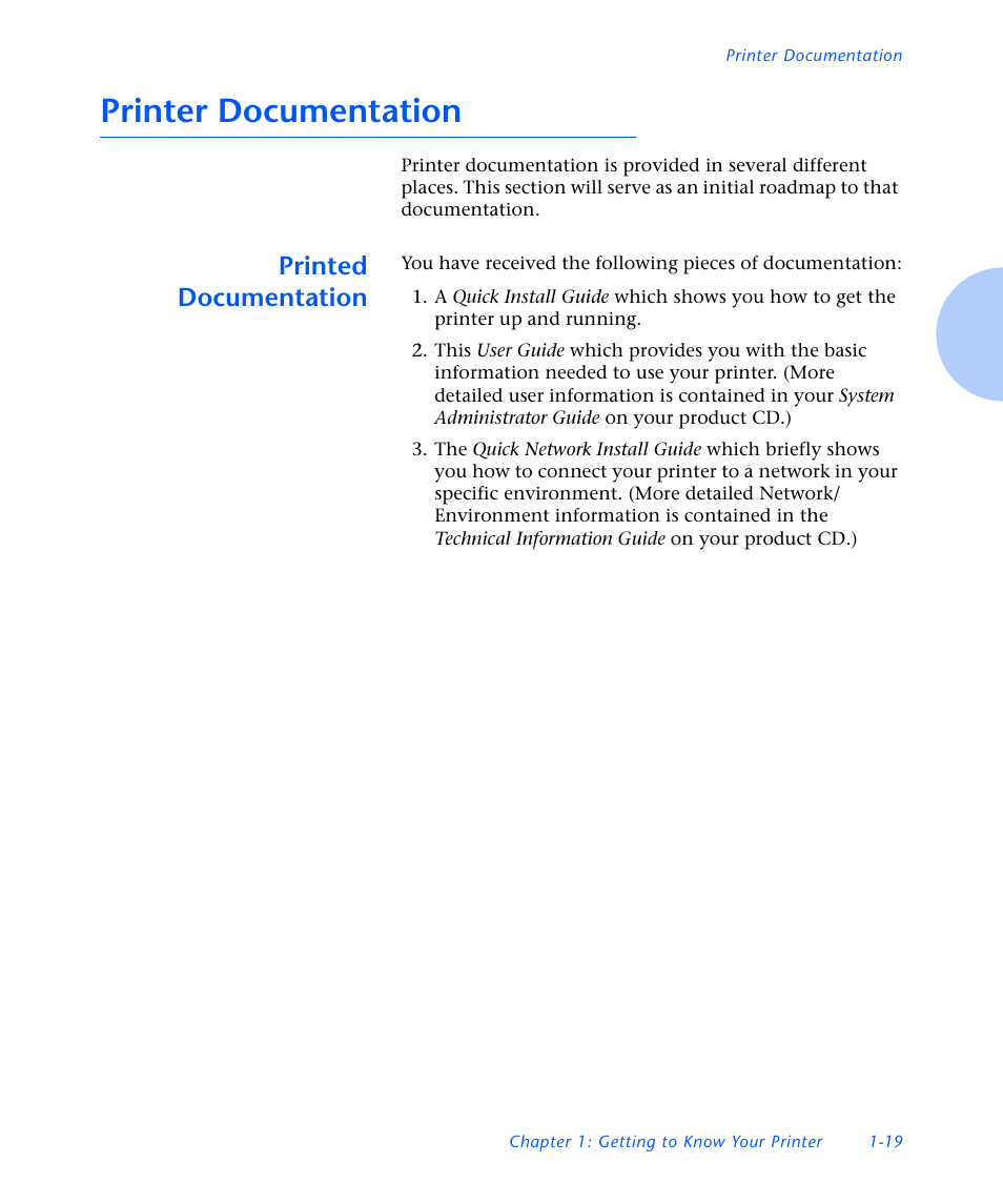 Printer documentation, Printed documentation, Printer documentation -19 | Printed documentation -19 | Xerox N3225 User Manual | Page 31 / 169