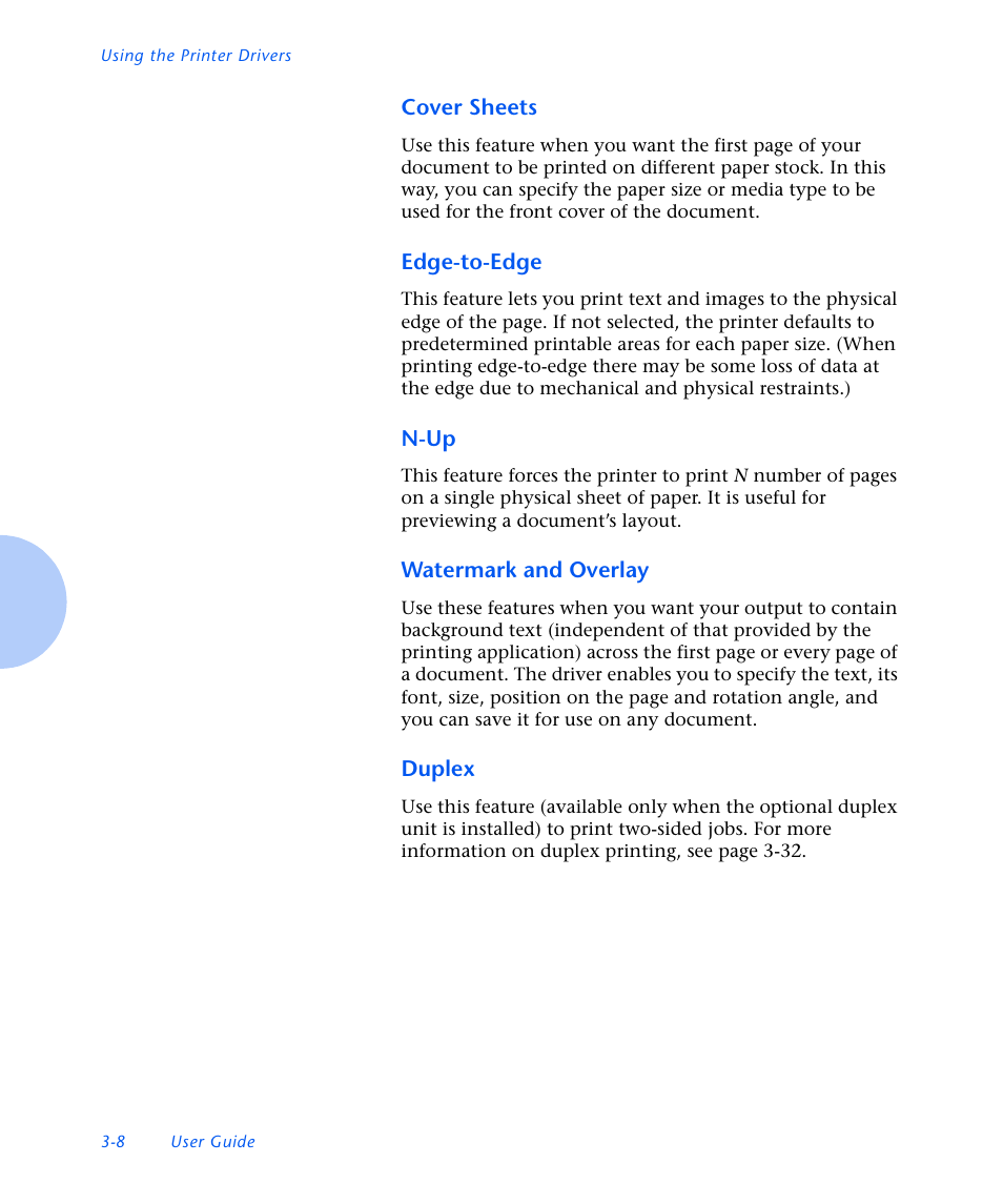 Cover sheets, Edge-to-edge, N-up | Watermark and overlay, Duplex | Xerox N3225 User Manual | Page 66 / 169