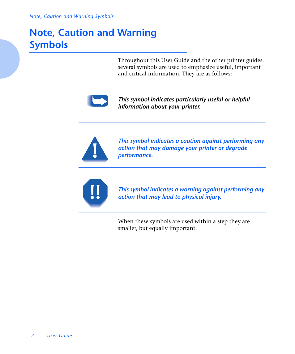 Note, caution and warning symbols | Xerox N3225 User Manual | Page 8 / 169