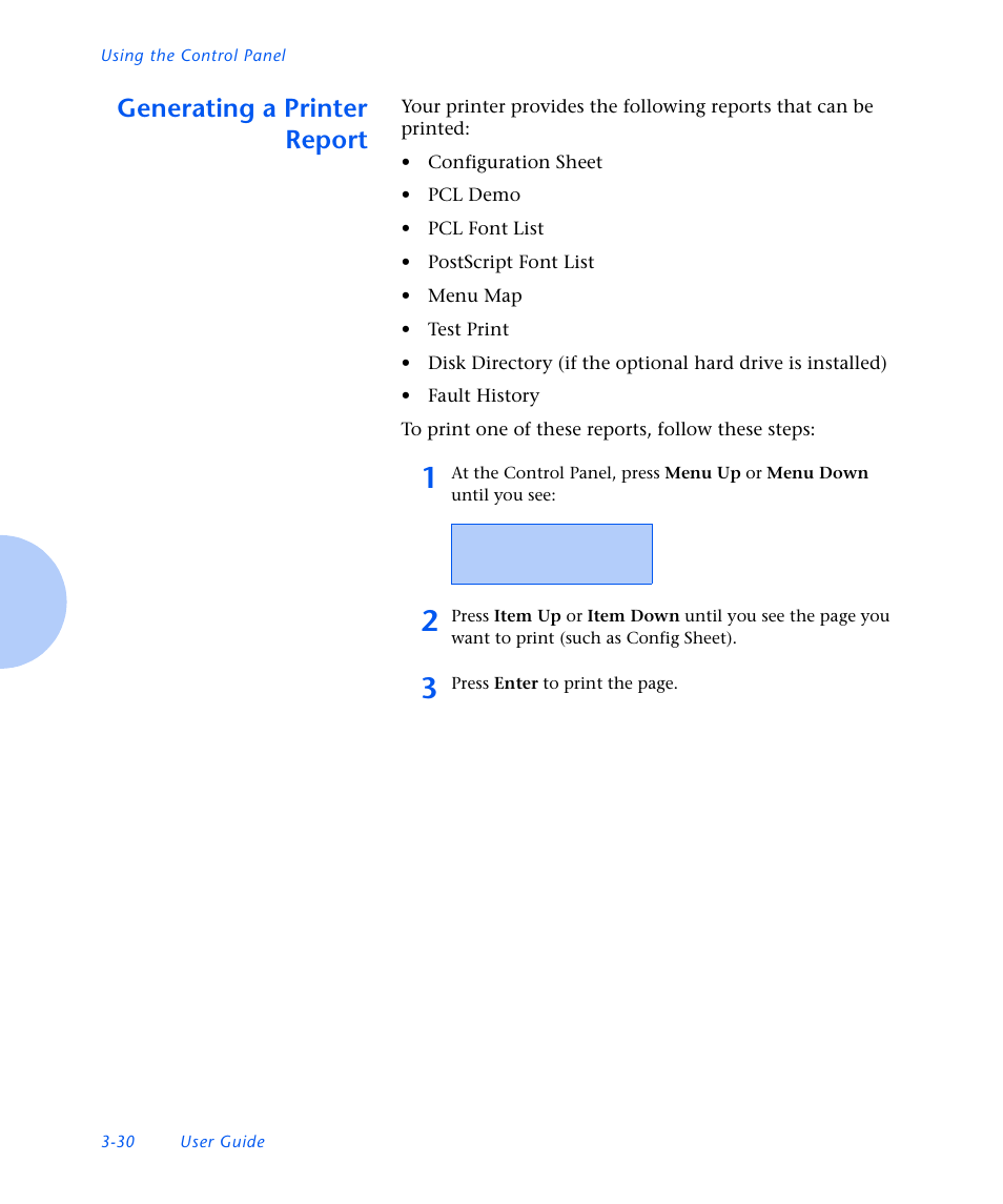 Generating a printer report, Generating a printer report -30 | Xerox N3225 User Manual | Page 88 / 169