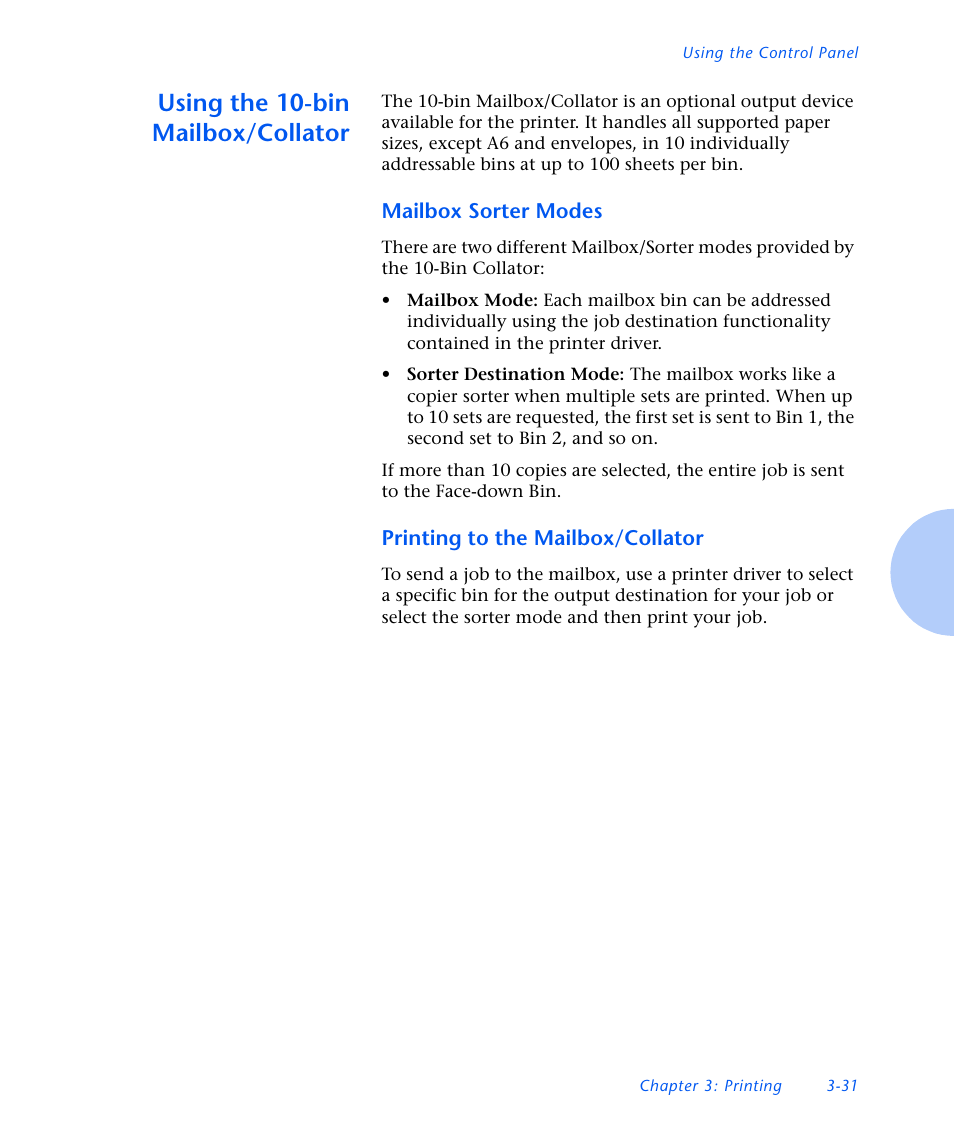 Using the 10-bin mailbox/collator, Mailbox sorter modes, Printing to the mailbox/collator | Using the 10-bin mailbox/collator -31 | Xerox N3225 User Manual | Page 89 / 169