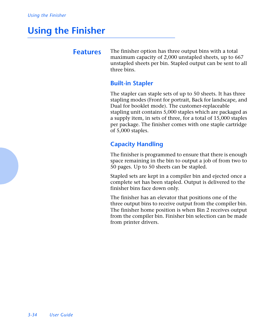 Using the finisher, Features, Built-in stapler | Capacity handling, Using the finisher -34, Features -34 | Xerox N3225 User Manual | Page 92 / 169