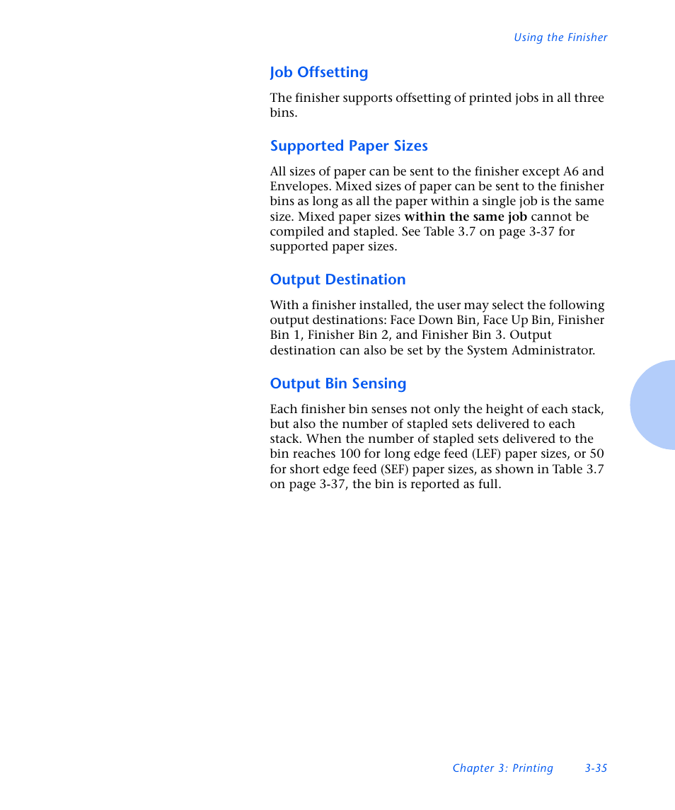 Job offsetting, Supported paper sizes, Output destination | Output bin sensing | Xerox N3225 User Manual | Page 93 / 169