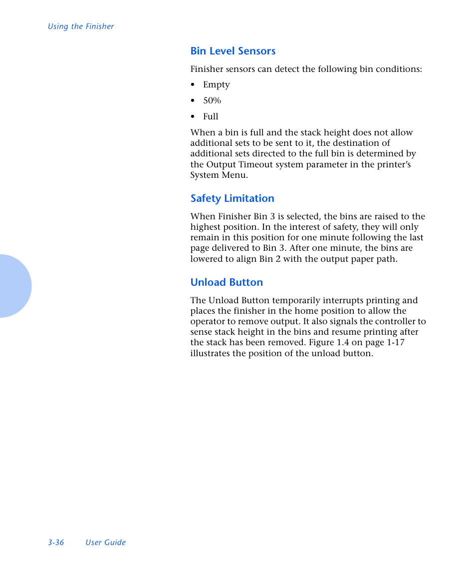 Bin level sensors, Safety limitation, Unload button | Xerox N3225 User Manual | Page 94 / 169