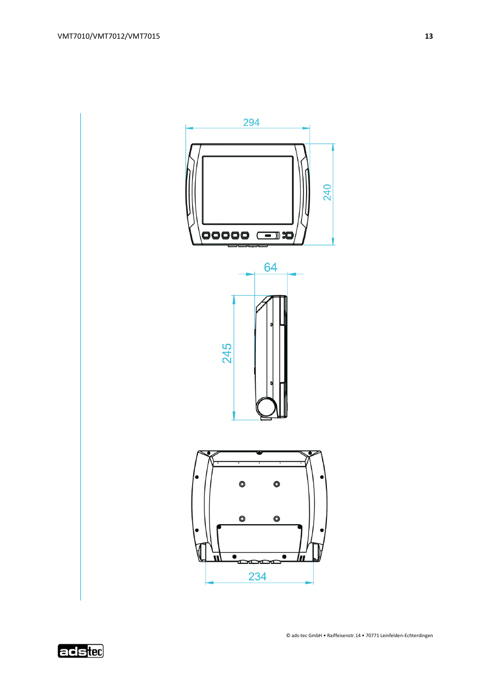 Assembly, External device dimensions vmt7010, 3 assembly | ADS-TEC VMT7010/7012/7015 User Manual | Page 14 / 52