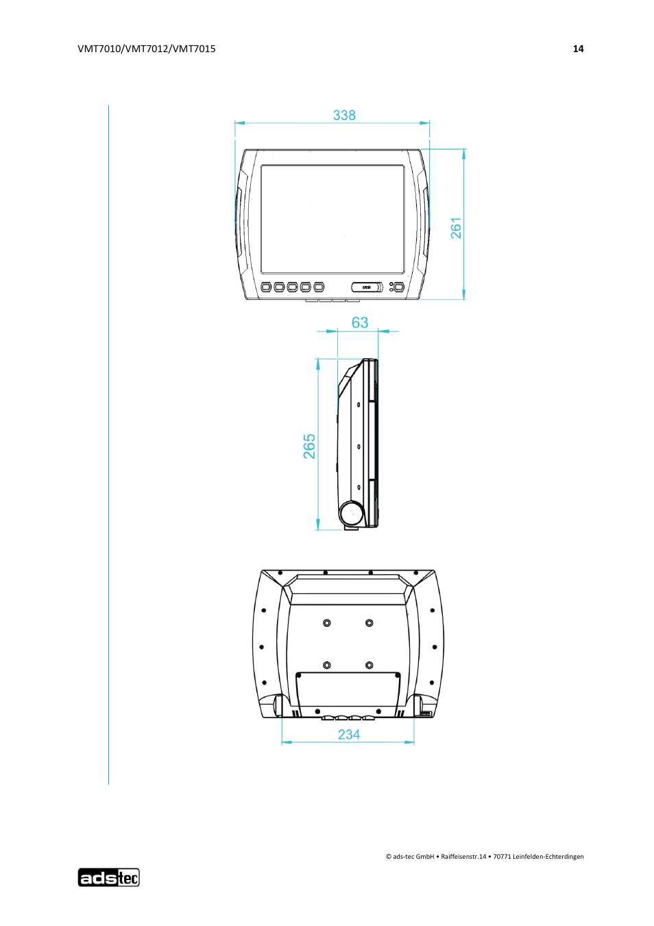External device dimensions vmt7012 | ADS-TEC VMT7010/7012/7015 User Manual | Page 15 / 52