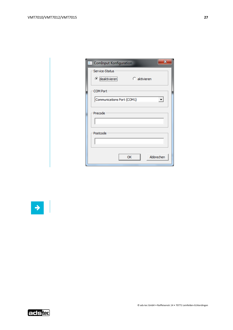 Cominput configuration, 7 cominput configuration | ADS-TEC VMT7010/7012/7015 User Manual | Page 28 / 52