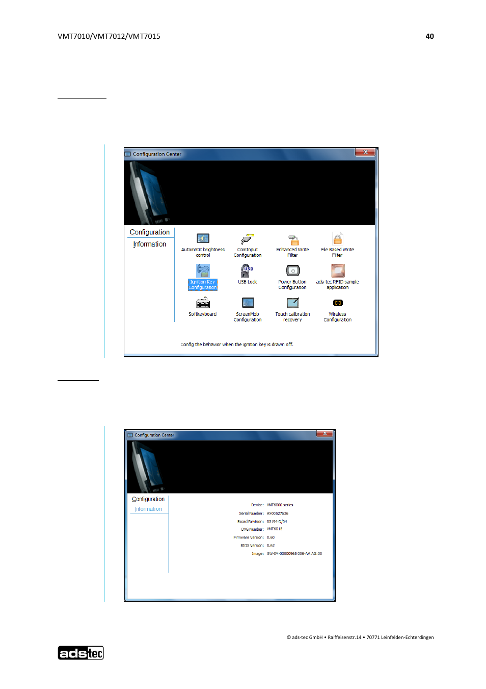 Configuration center, 1 configuration center | ADS-TEC VMT7010/7012/7015 User Manual | Page 41 / 52