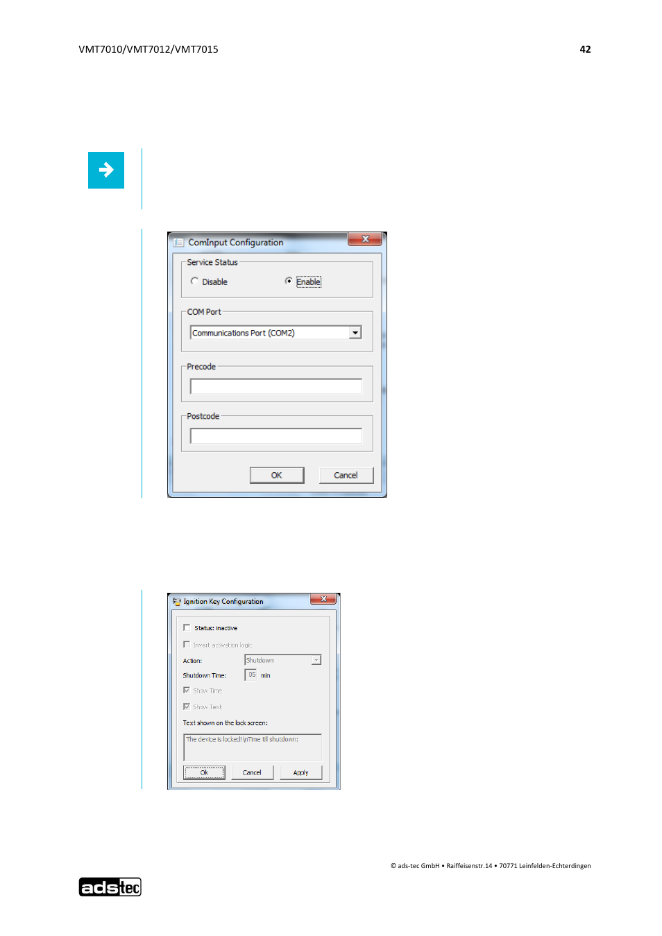Com input configuration, Ignition key locking, 2 com input configuration | 3 ignition key locking | ADS-TEC VMT7010/7012/7015 User Manual | Page 43 / 52