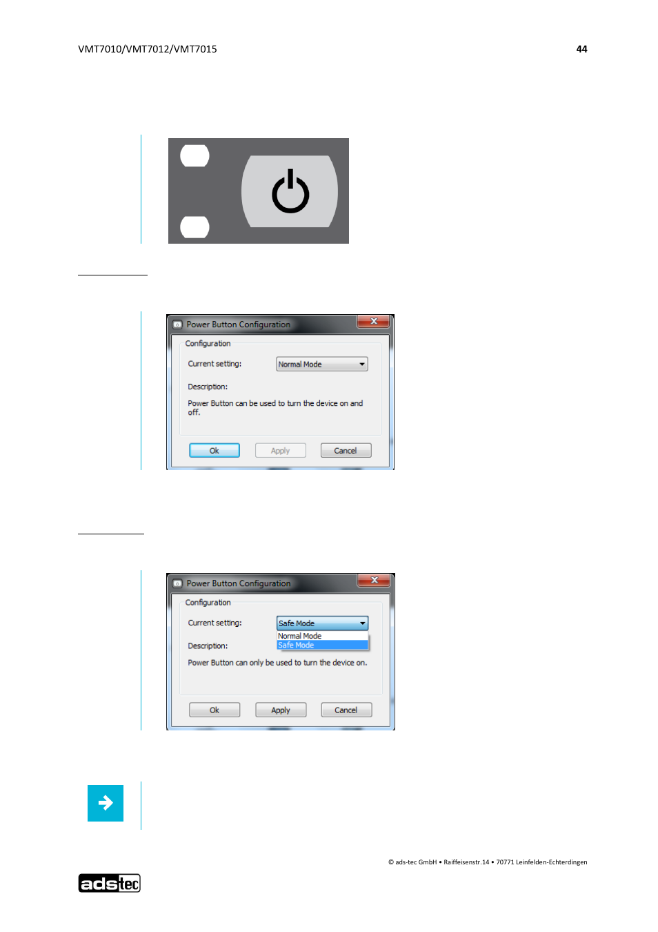On / off pushbutton configuration, 5 on / off pushbutton configuration | ADS-TEC VMT7010/7012/7015 User Manual | Page 45 / 52