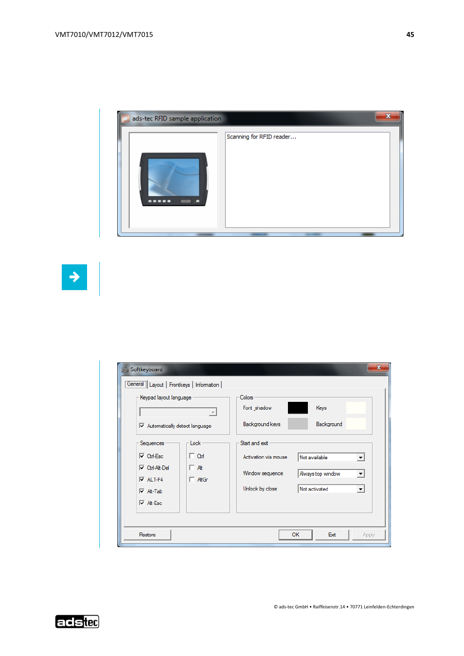 Rfid sample application, Soft keyboard, 6 rfid sample application | 7 soft keyboard | ADS-TEC VMT7010/7012/7015 User Manual | Page 46 / 52