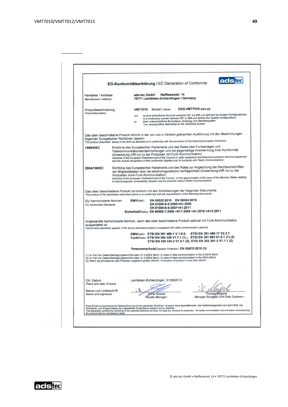 Declaration of ec-conformity, 11 declaration of ec-conformity | ADS-TEC VMT7010/7012/7015 User Manual | Page 50 / 52