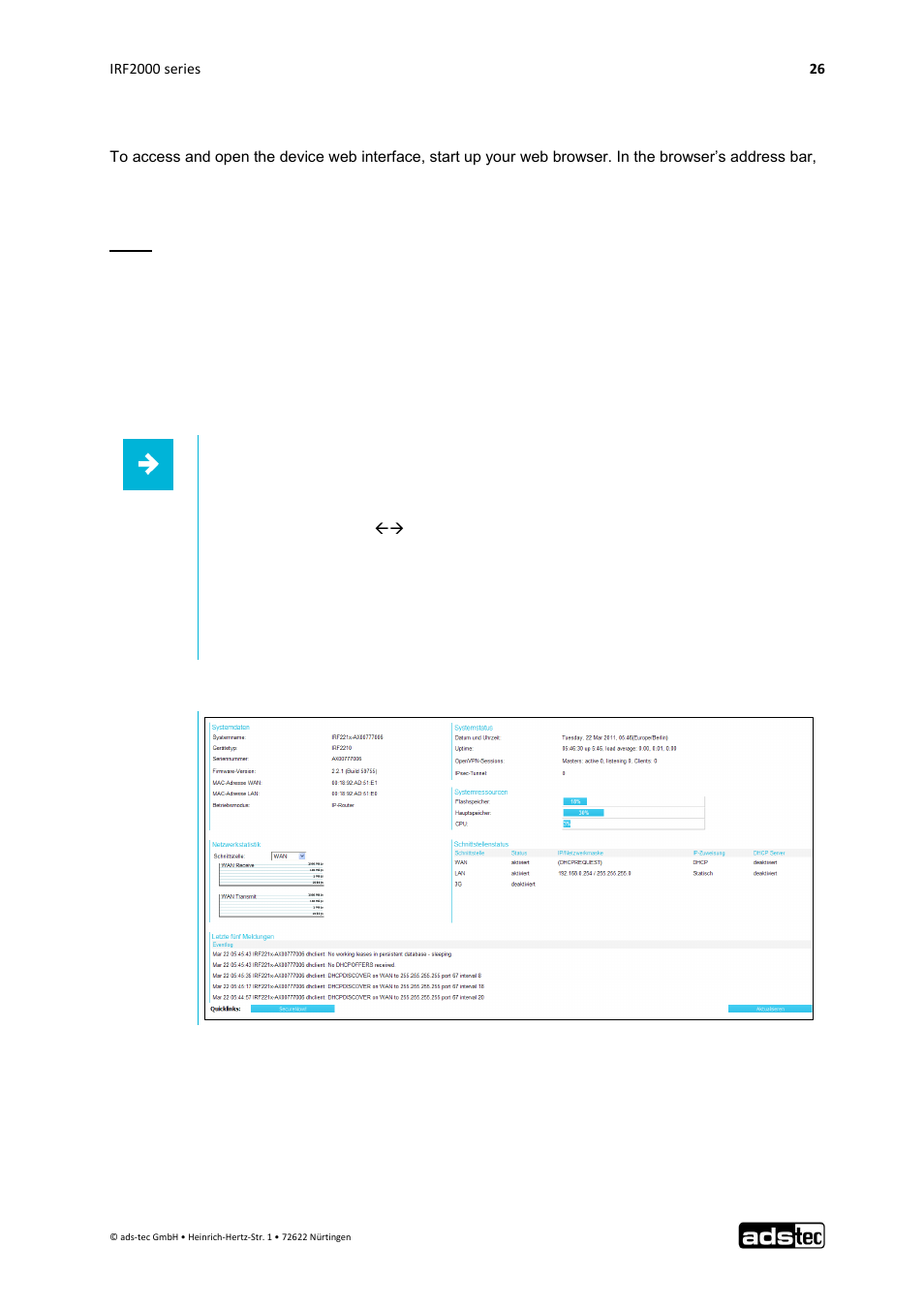 Calling up the device web interface, 4 calling up the device web interface | ADS-TEC IRF2000 User Manual User Manual | Page 27 / 29
