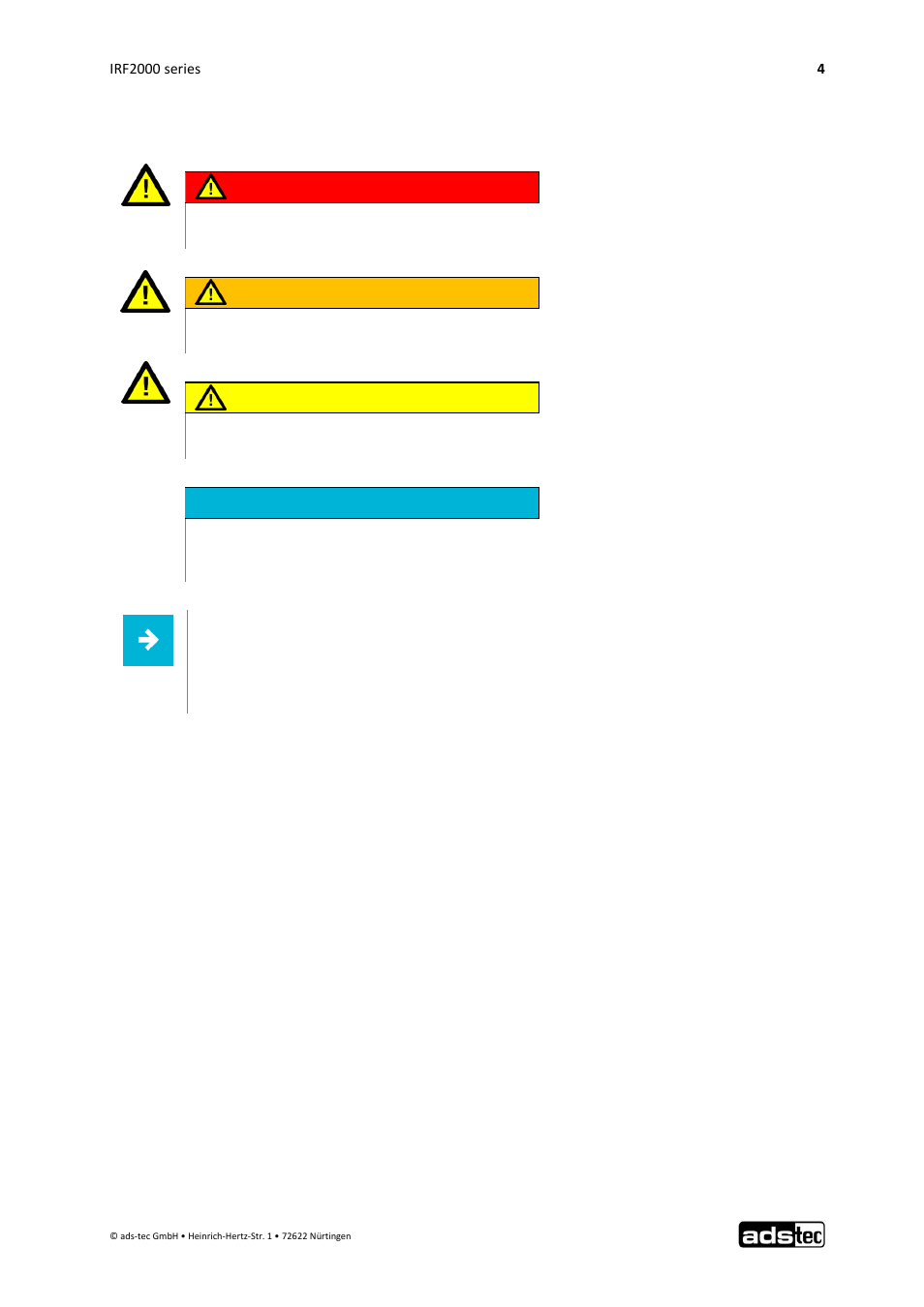 Explanation of used symbols, Data, figures and modifications, 4 explanation of used symbols | 5 data, figures and modifications, Danger, Warning, Caution, Attention | ADS-TEC IRF2000 User Manual User Manual | Page 5 / 29