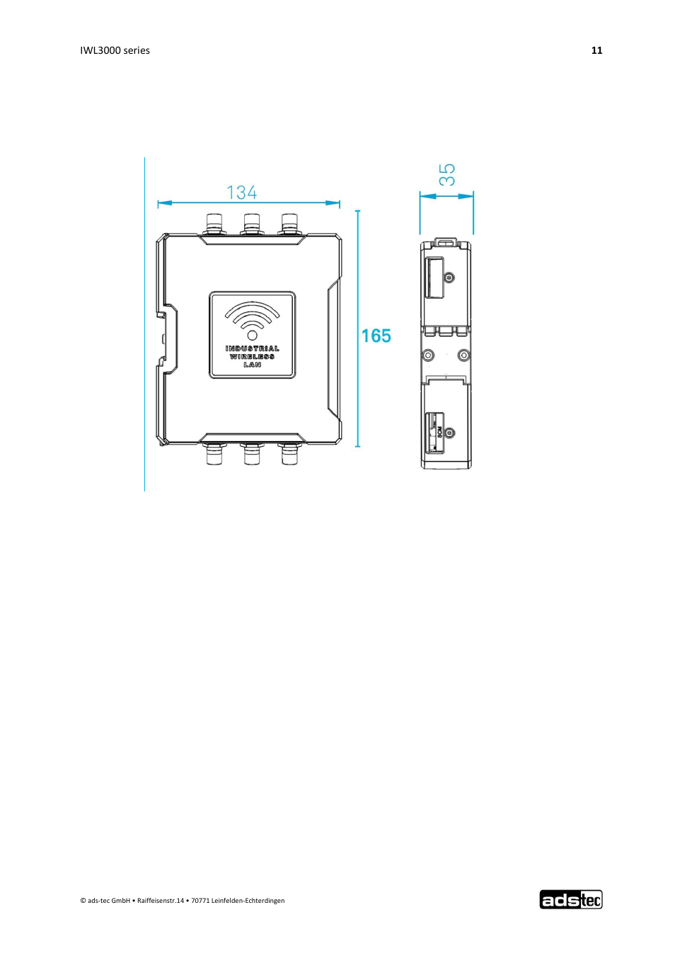 Assembly, Overall device dimensions, 4 assembly | 1 overall device dimensions | ADS-TEC IWL3000 User Manual User Manual | Page 12 / 31