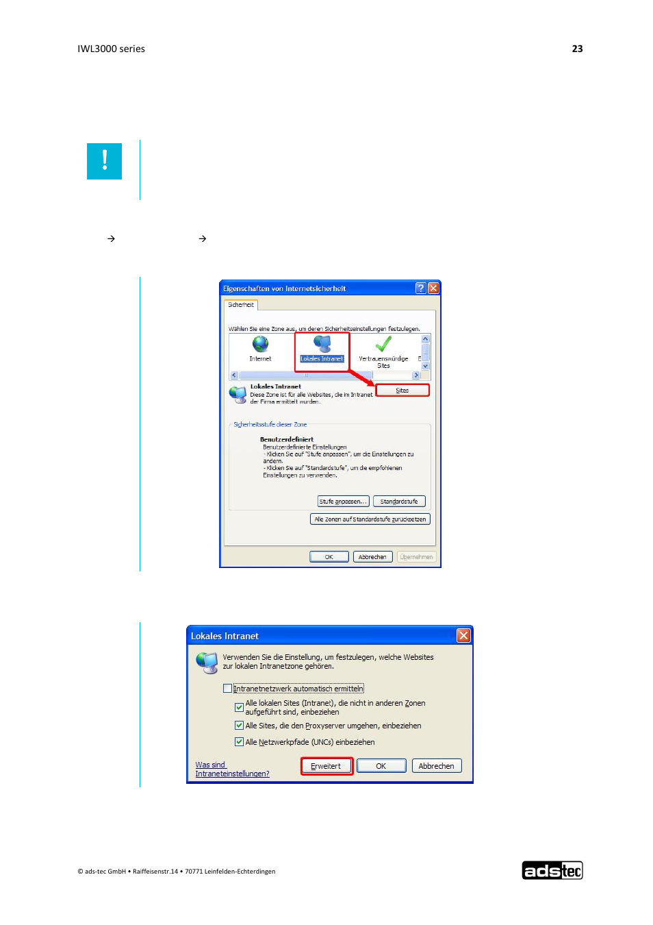 Settings for use with internet explorer 8, 3 settings for use with internet explorer 8 | ADS-TEC IWL3000 User Manual User Manual | Page 24 / 31